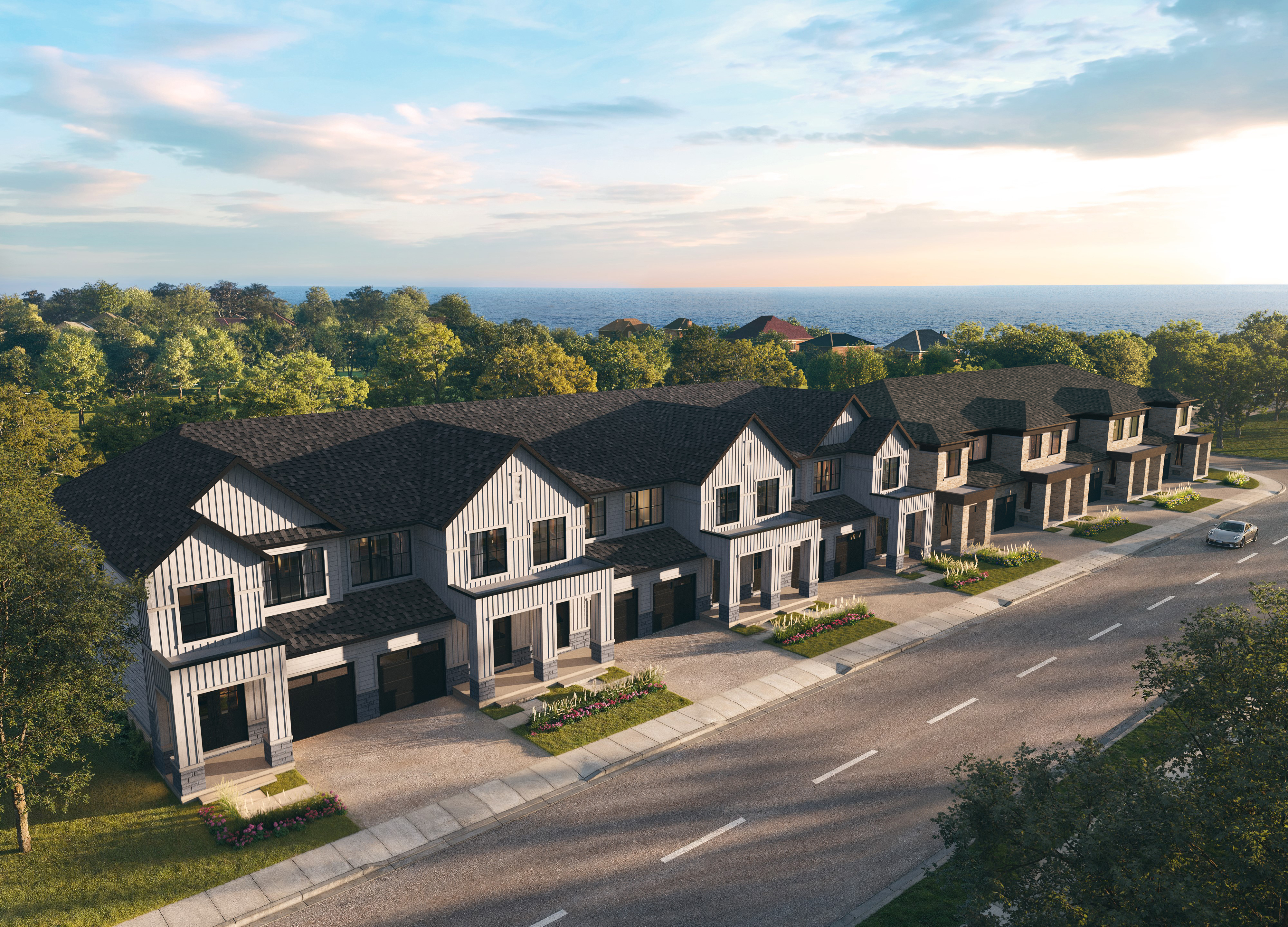 Streetscape rendering of Wasaga Walk townhomes. Artist's concept.